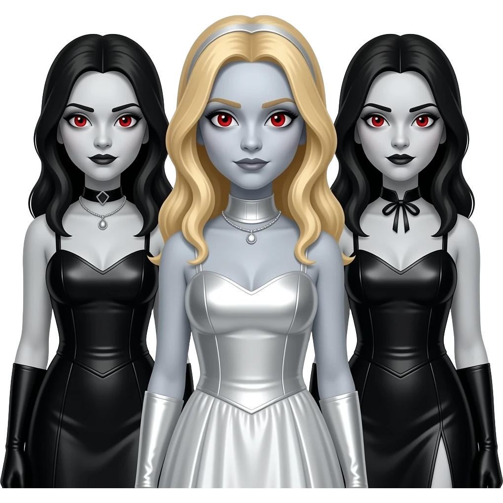 Brides of Dracula from Horror Film Heroes and Villains with two dark-haired girls with pale grey skin, red eyes and black metallic dress, blond-haired girl with pale grey skin ,red eyes and white metallic dress emoji