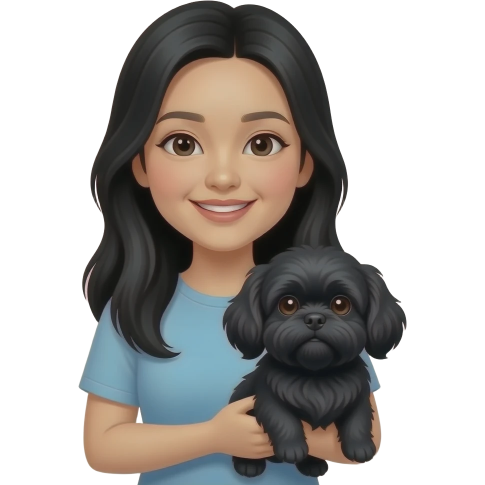 Black long hair chinese woman holding a black shih tzu emoji