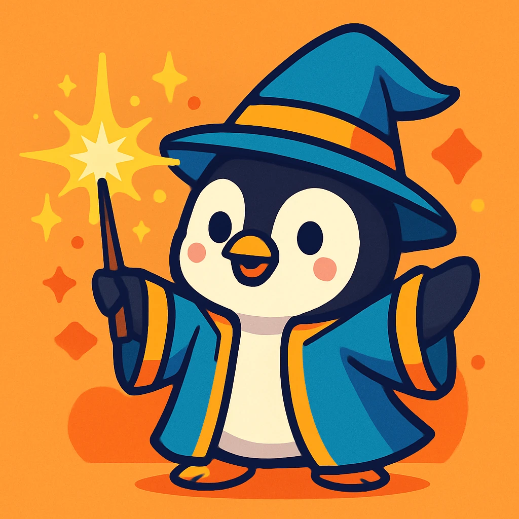 a cute penguin wizard casting a sparkling spell, wearing a robe and hat, in a colorful cartoon style emoji