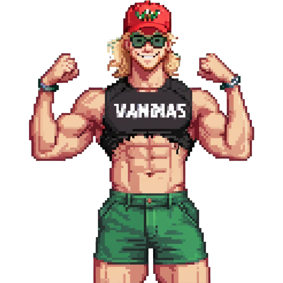Man with black and white cap that says VANOMAS, bare muscular torso, red shorts, clear glasses, messy blond mullet hairstyle, flexing muscles and smiling emoji