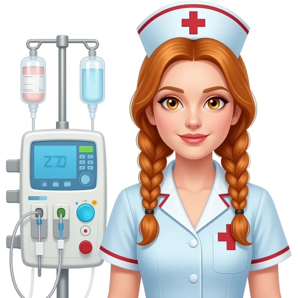 sexy girl with long ginger braids and ginger eyes wearing a nurse uniform stands next to a dialysis machine emoji
