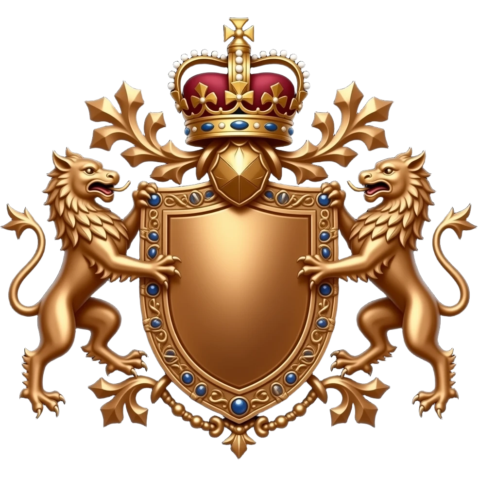 decorated bronze coat of arms with a bronze shield and bronze tendrils and ornaments, symmetrical with a royal ornate crown on top and two griffins hovering and supporting the shield, on a black background emoji