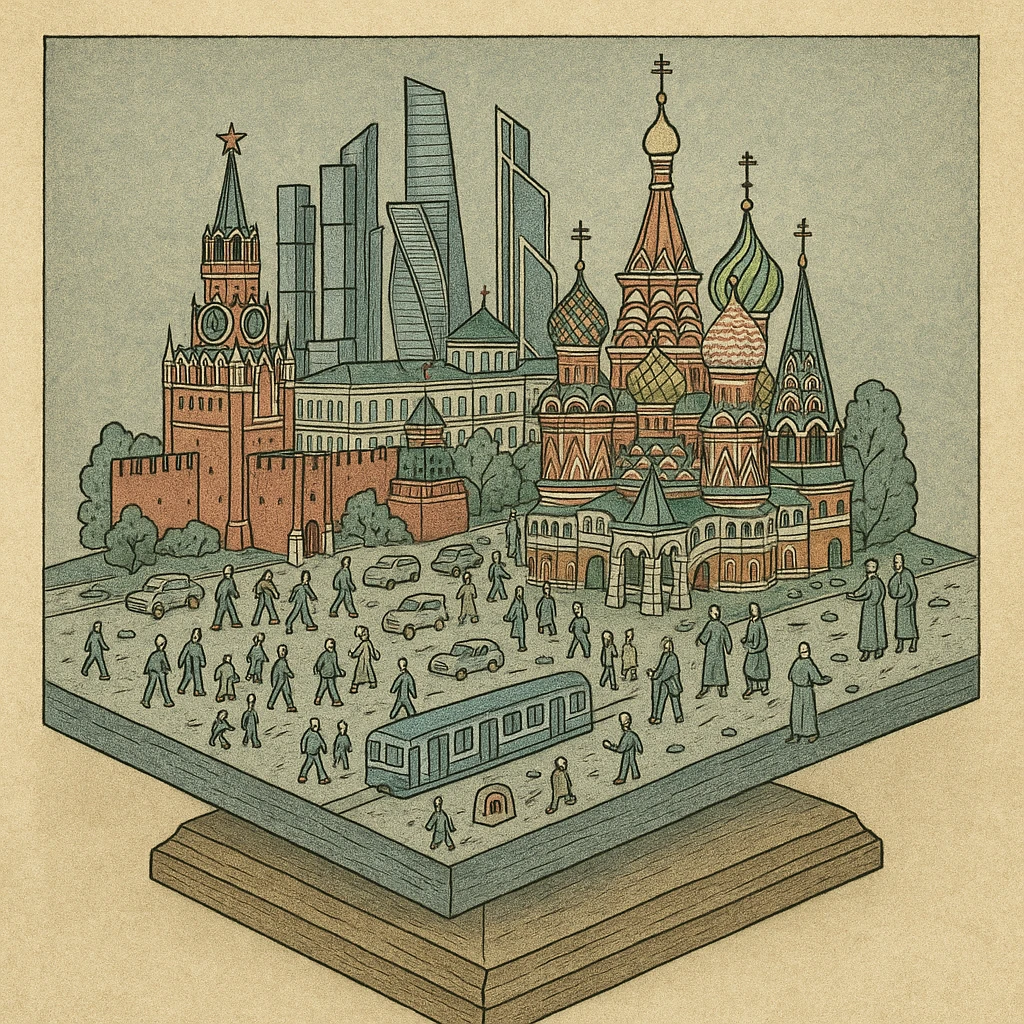 Изометричная миниатюрная 3D модель Москвы на подставке - фотореалистичный Кремль, собор Василия Блаженного, Башни Москва-Сити, аккуратная детализация, яркие цвета, мультяшный реализм, гуляют люди и современный автотранспорт и метро, компактная композиция, вид сверху в изометрии emoji