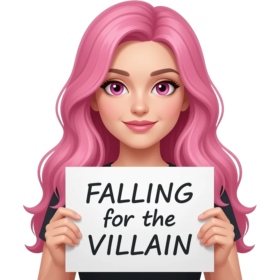 sexy girl with long pink hair and pink eyes holding a FALLING for the VILLAIN sign emoji