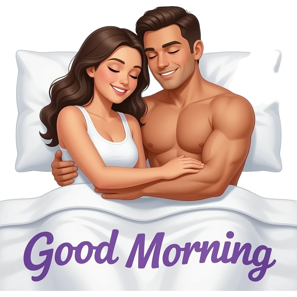 a naked muscular woman and a naked muscular man sitting up in bed hugging tightly chest to chest and smiling with eyes closed waking up in bed with the words "Good Morning" in purple printed across emoji