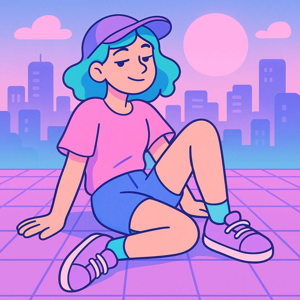 vaporwave chill girl, sitting on a grid, cityscape in background, soft glow, relaxed and dreamy emoji
