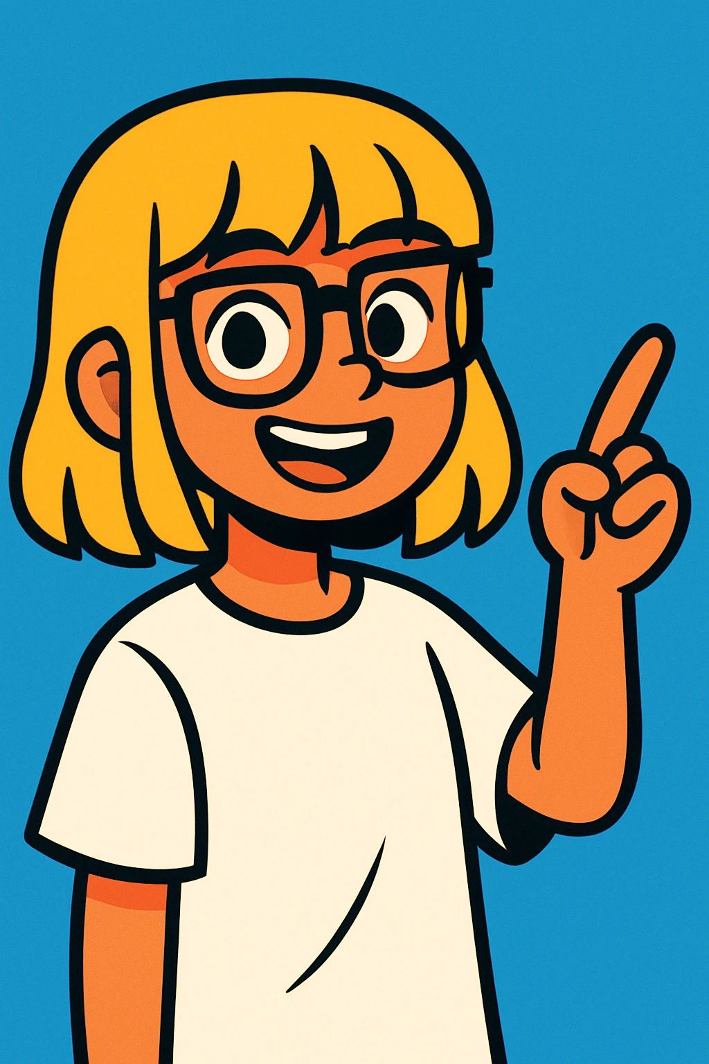 Smiling girl with blonde hair, bangs, and brown eyes, wearing black square glasses and a white oversized T-shirt, pointing her finger up to the right, vibrant cartoon style emoji