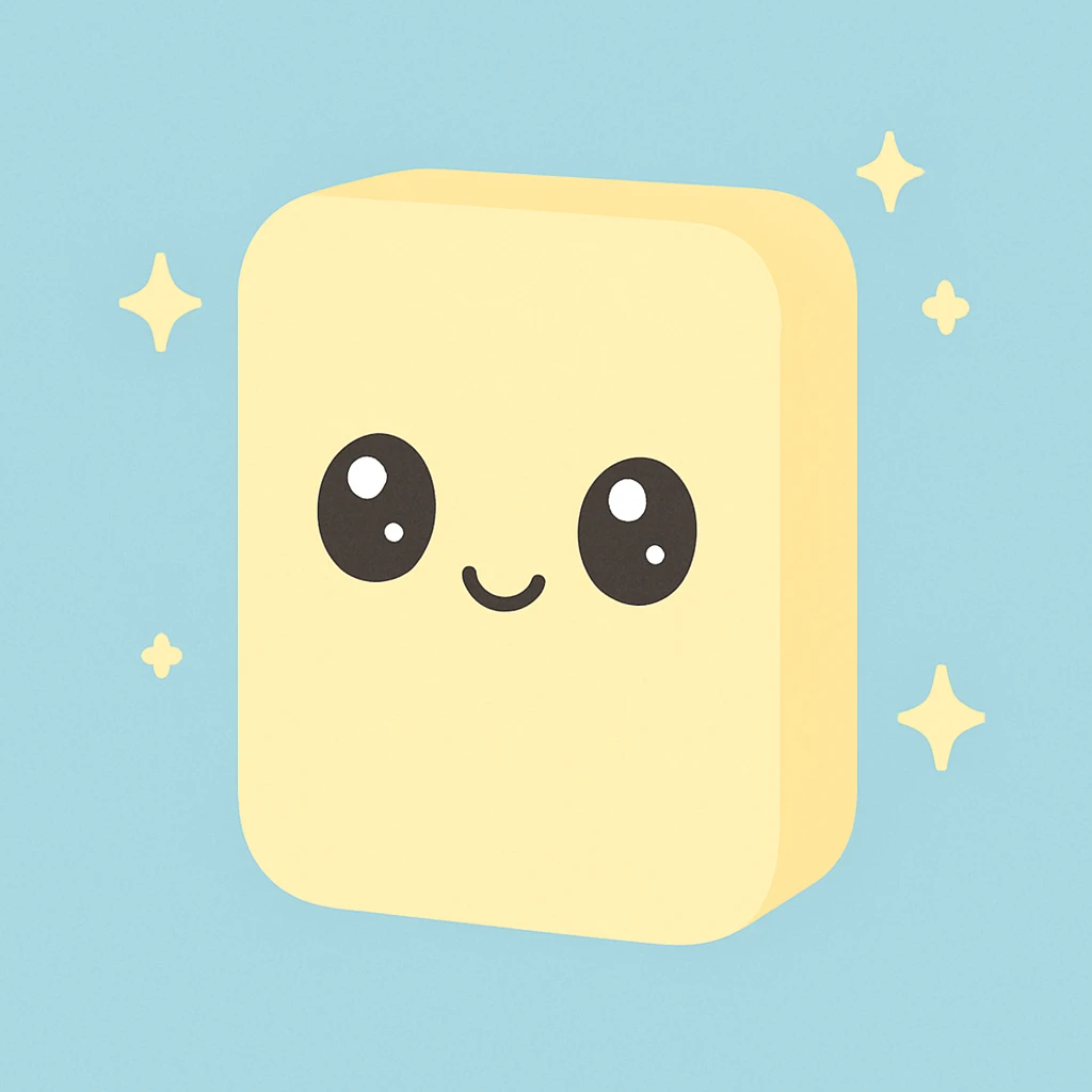 kawaii sponge with a cute face, pastel yellow, sparkles, on a soft blue background emoji