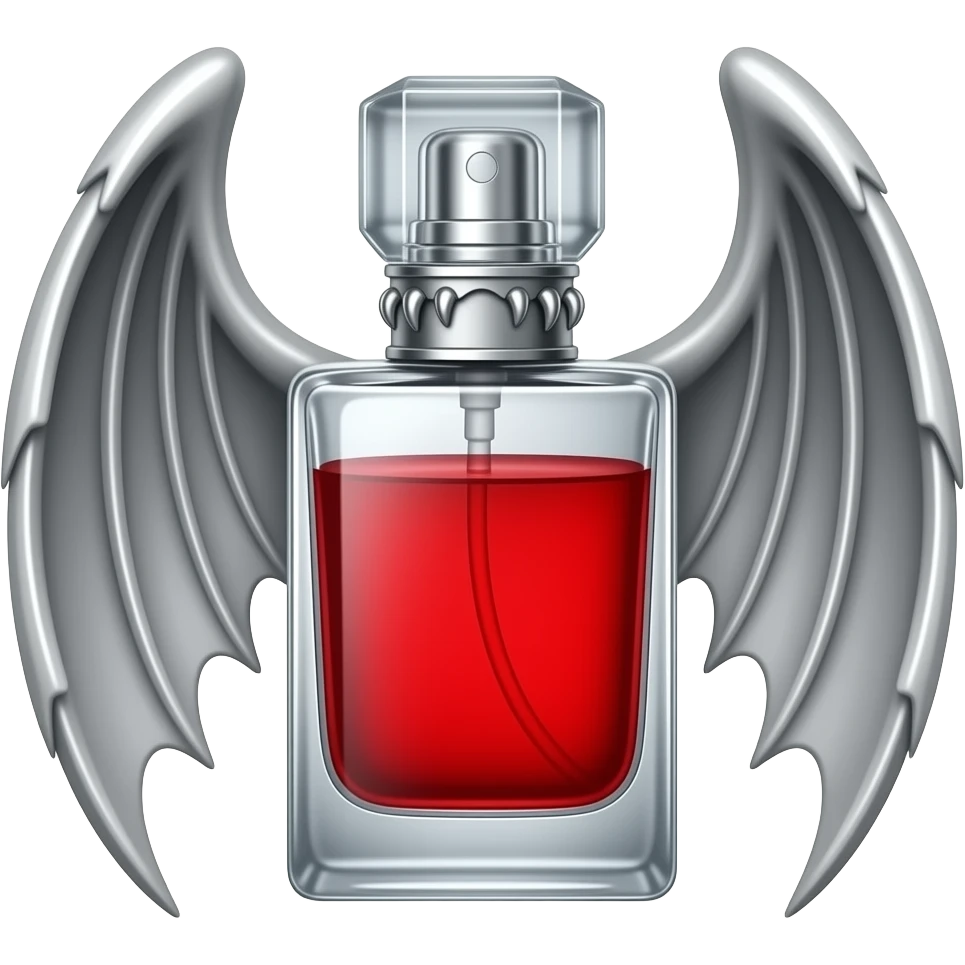 Духи в вампирском стиле с крыльями серебренными детальными обрамляют флакон и красной жидкостью, а на крышке есть элементы клыков вампирских так же серебренных emoji