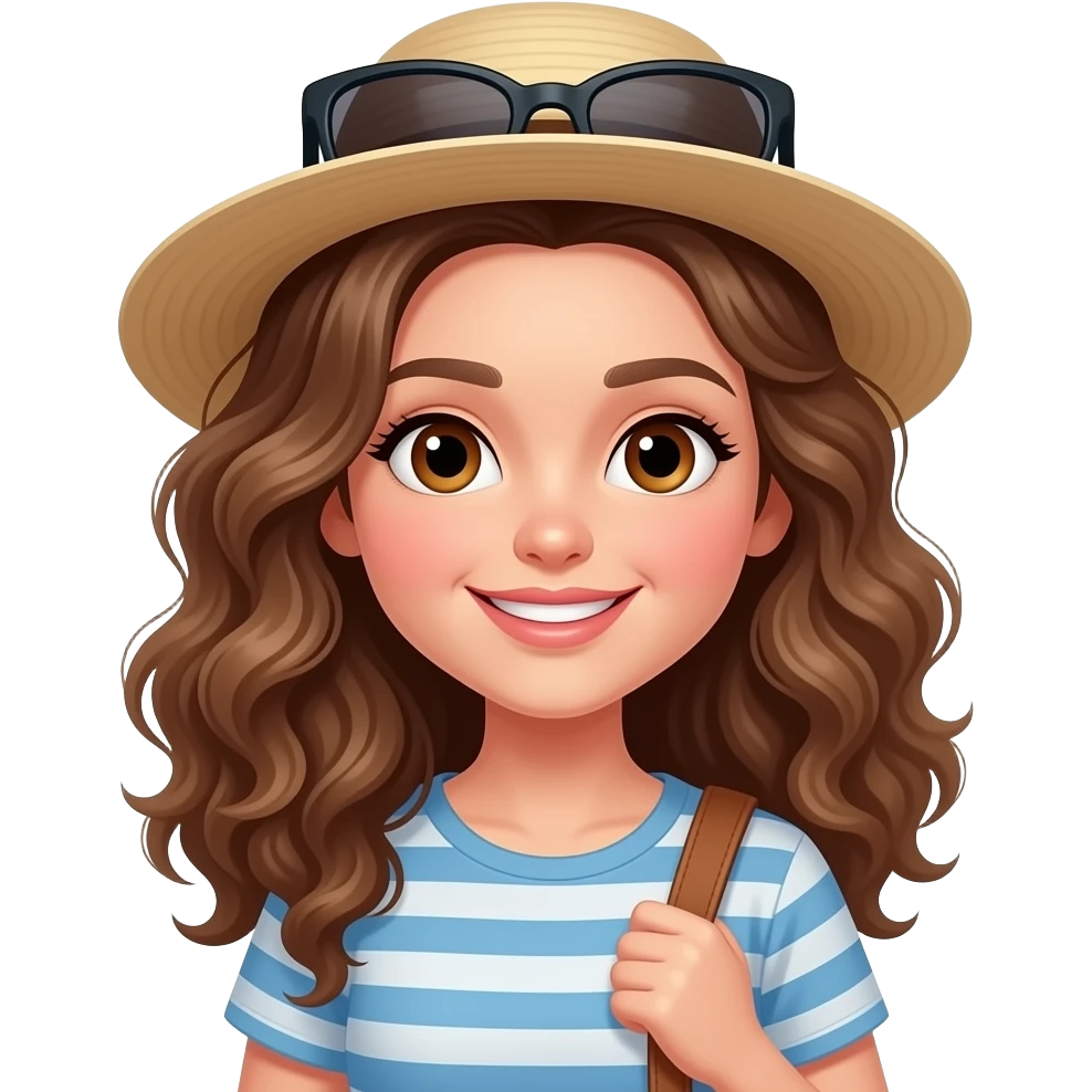 white girl with brown eyes and long curly hair on vacation with a suitcase emoji