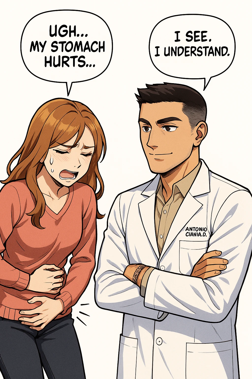 su questo stile fai un manga/webtoon a colori in cui una donna si lamenta che sta male e ha mal di pancia, l'uomo della foto in stile manga gli risponde, ISOLATO SU SFONDO BIANCO emoji