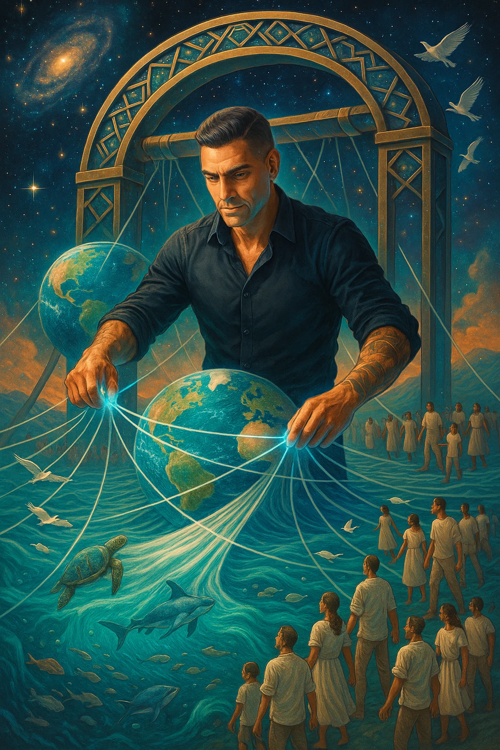 Uomo del 2030 al telaio gigante cosmico che tesse il destino del pianeta con fili di cotone stellare, ogni fibra naturale che intreccia ripara una parte dell'ecosistema terrestre, dita che brillano mentre guidano i fili di cotone attraverso dimensioni parallele, tessuto che si estende dall'atmosfera fino alle profondità marine, creature marine che nuotano attraverso le onde del tessuto acquatico, uccelli che volano seguendo i pattern del tessuto aereo, humanity unita che indossa vestiti di cotone e partecipa alla grande tessitura collettiva della salvezza planetaria emoji