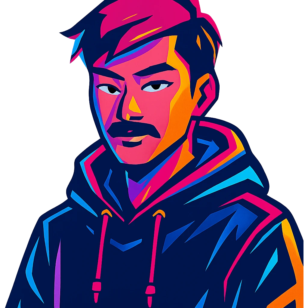 Asian man with black mustache, red hair, black hoodie, in vibrant neon-lit 80's cyberpunk anime style emoji