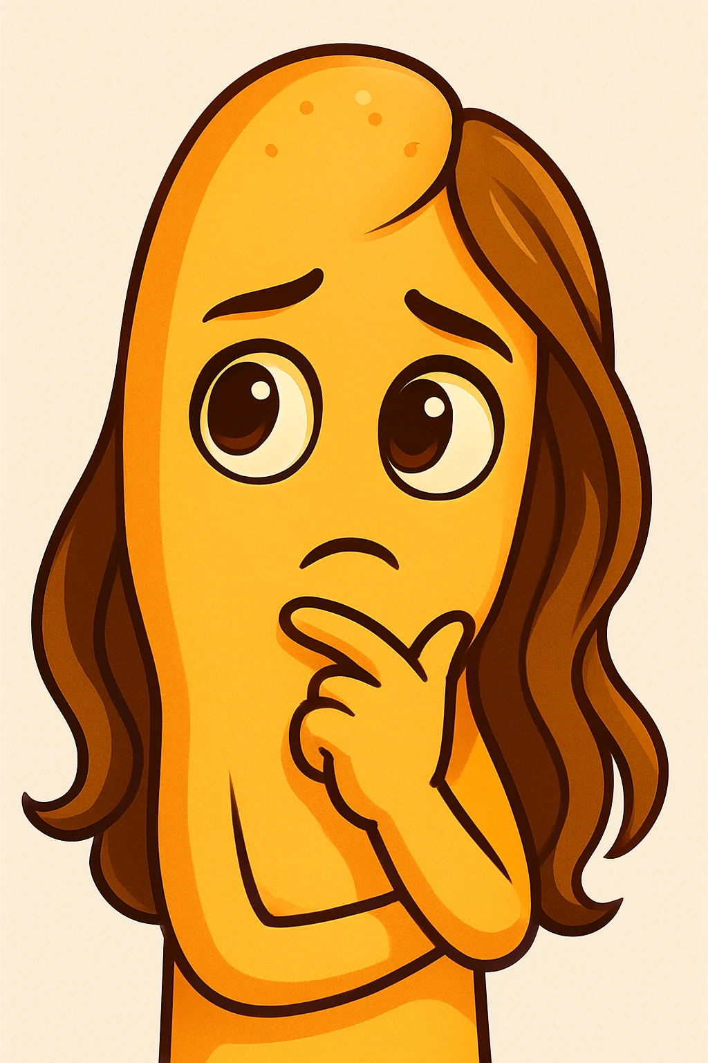 Create a cartoon style emoji in the shape of a breadstick with a thoughtful expression inspired by the person in the reference photo: large eyes, reflective gaze, closed mouth, soft features, and long stylized hair flowing down the sides. Use warm colors in a cartoon style. emoji