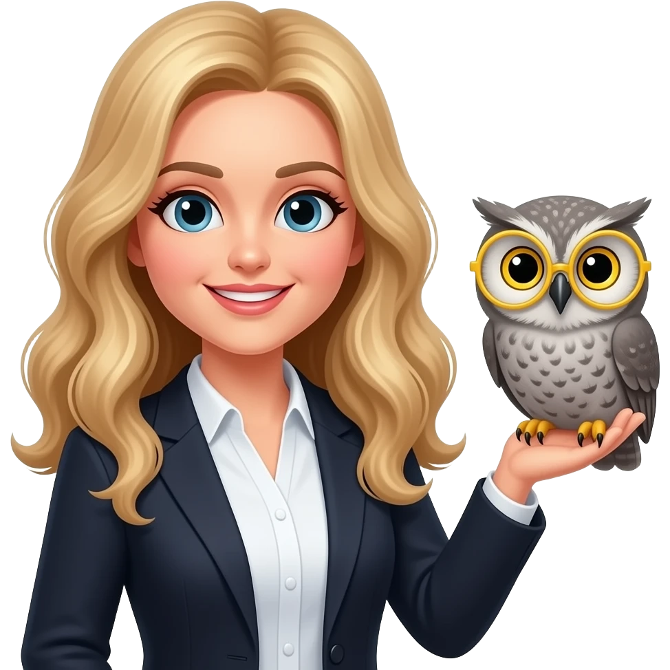 a teacher with long wavy blond hair with an grey owl in round yellow glasses on the right hand emoji
