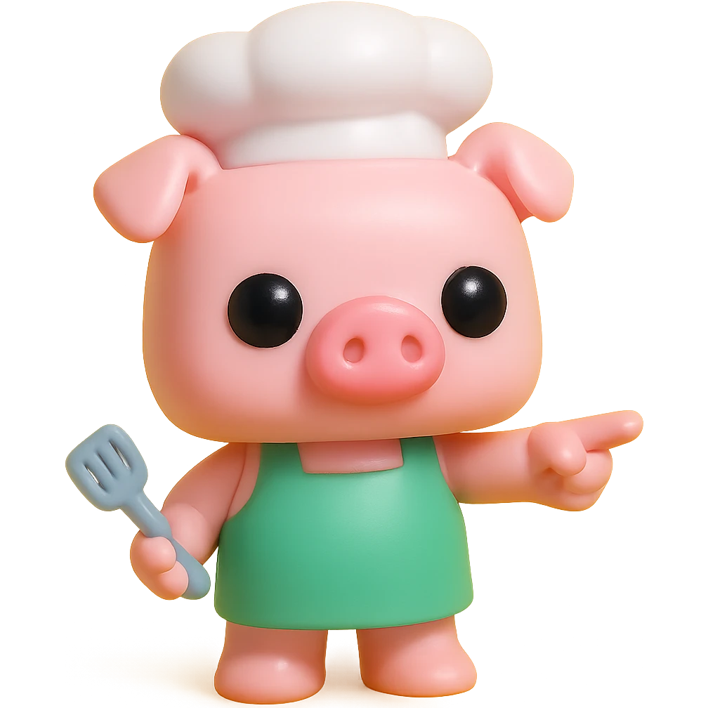 A Funko Pop-style pig chef pointing to the right, wearing a green apron and holding a spatula, cartoonish and cute. emoji
