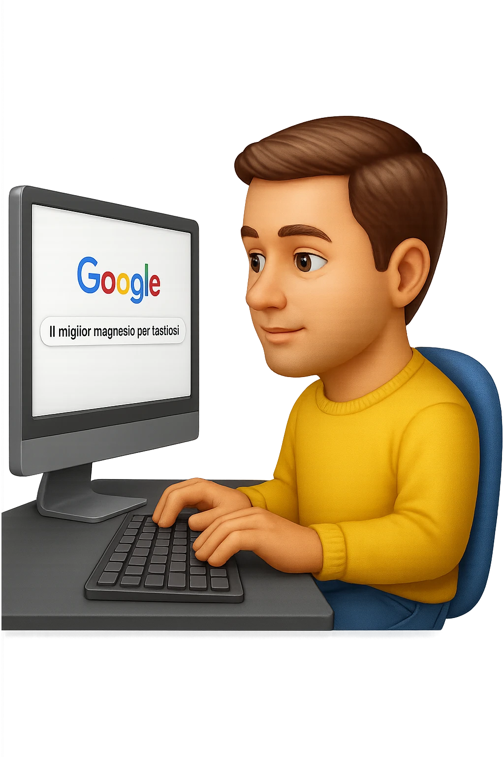 emoji stile iphone di un uomo davanti al pc che cerca di google: "Il miglior magnesio per la stipsi", iperrealistico 4k emoji