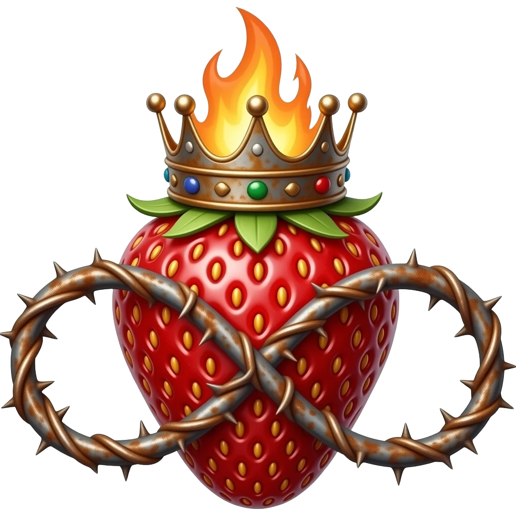 cinematic realistic - a rusty strawberry with a rusty, richly decorated English royal crown on top that is flaming. A crown of thorns is wrapped around the strawberry's body and is spinning around its body in the form of an infinity sign emoji