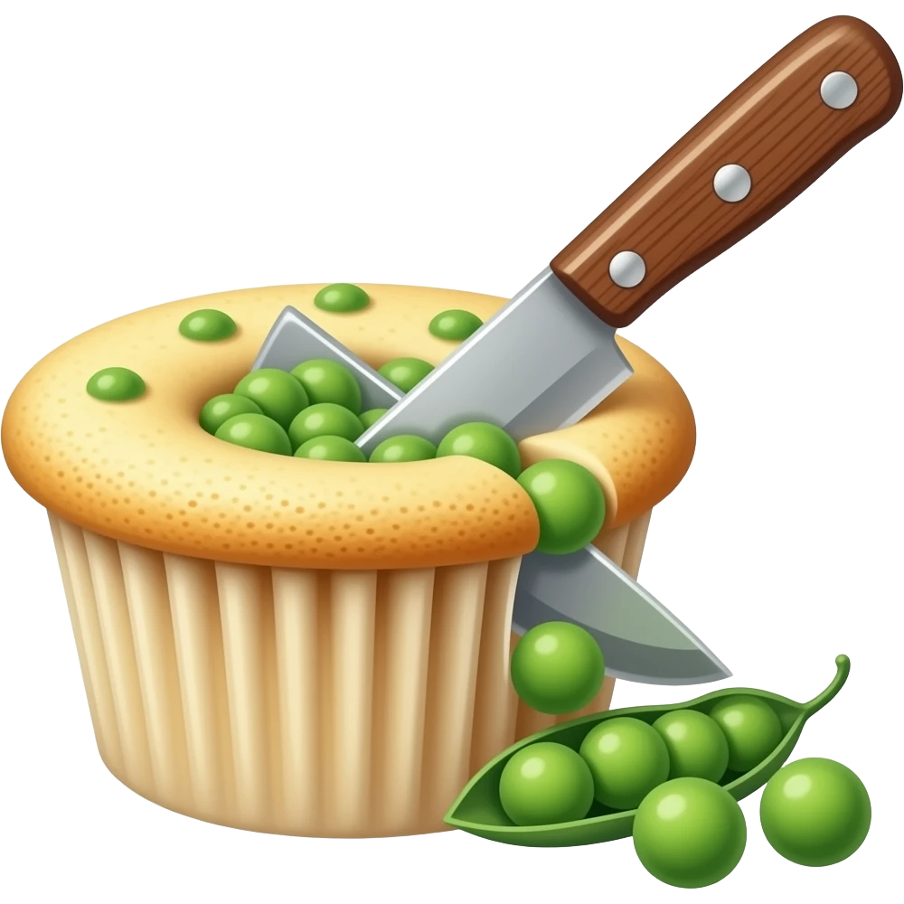 a cupcake that cuts its own self with a knife and there are peas spilling out of it emoji