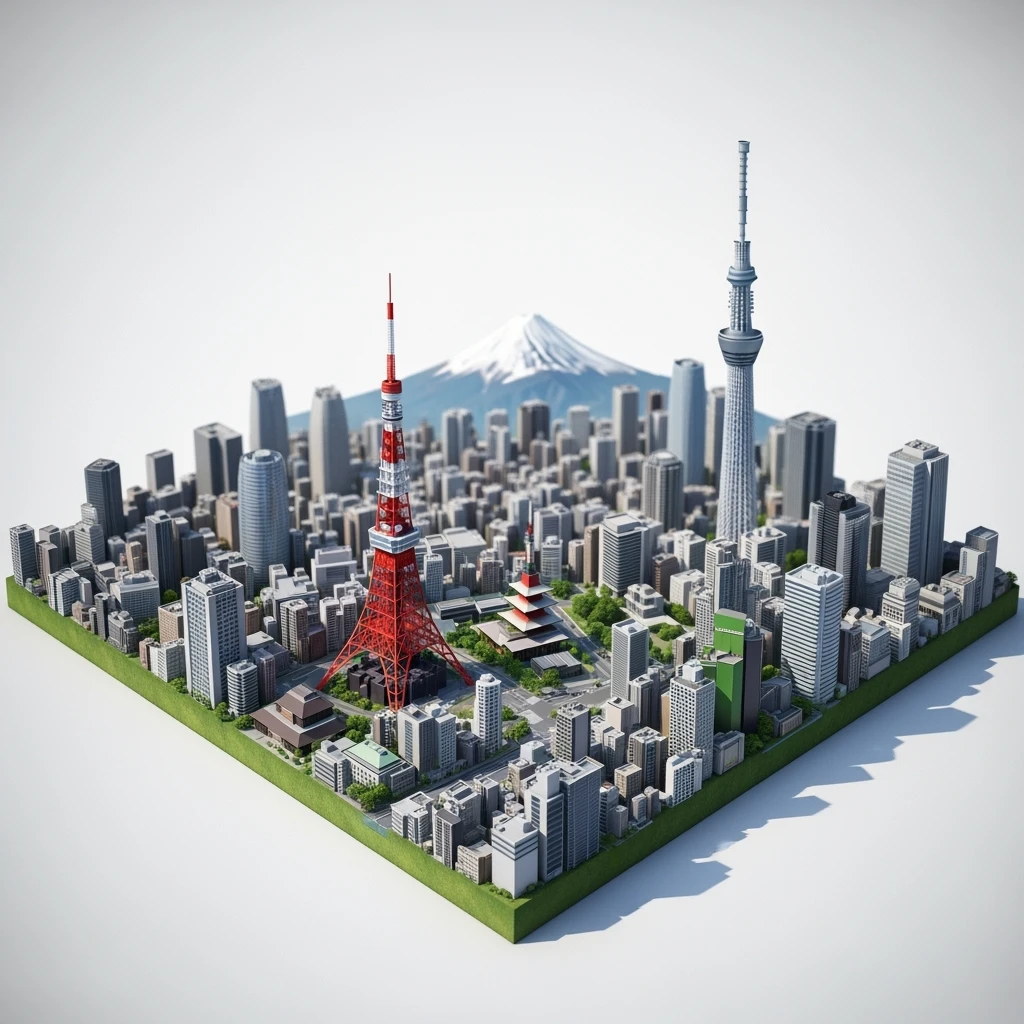 Isometric illustration of Tokyo, with photorealistic detailed miniature cityscape included Tokyo Tower, Skytree, Shibuya Crossing, Mount Fuji in background, balanced colors, subtle 3D miniature effect and Tilt Shift effect, no cartoonish look, transparent background. emoji