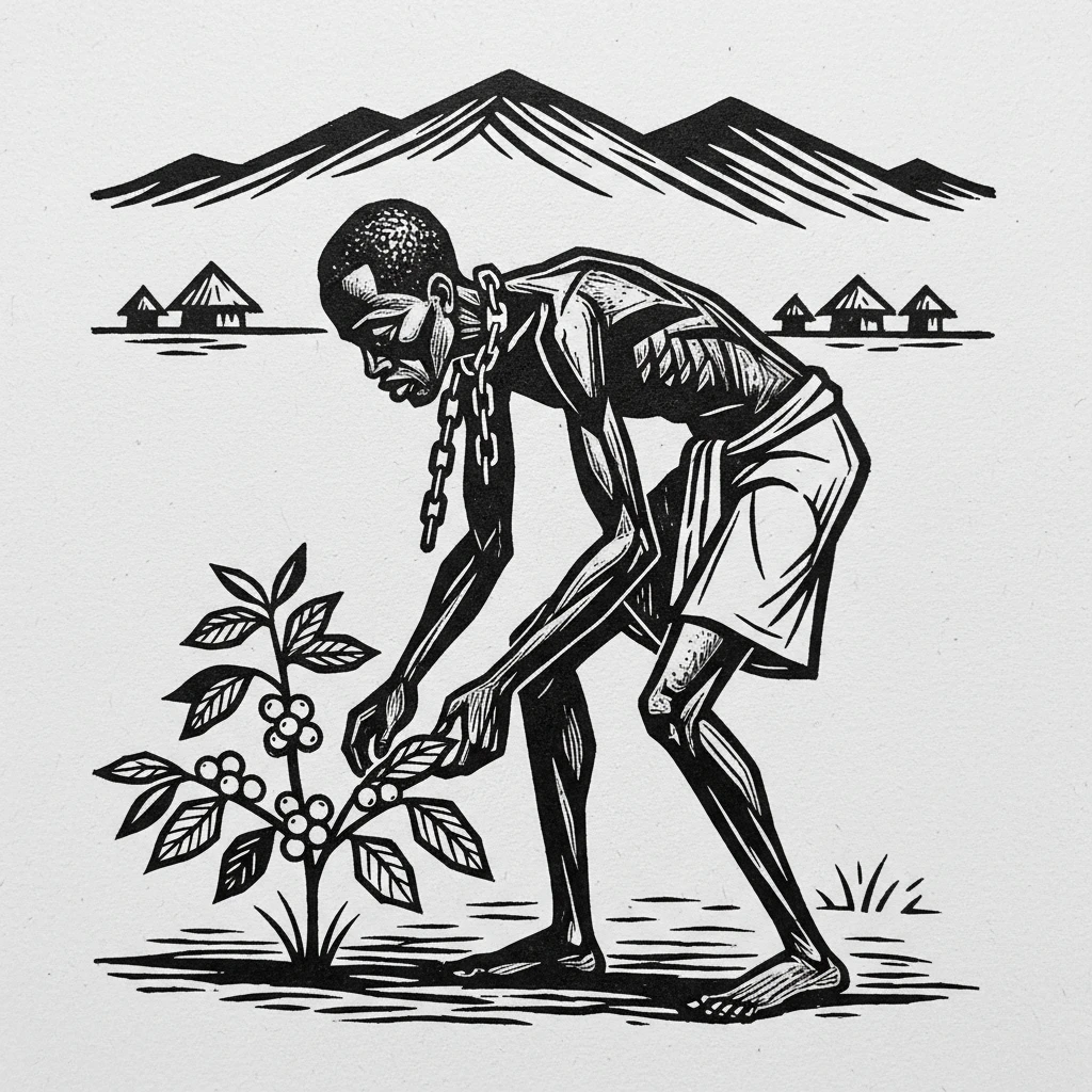 Сгенерируй мне в стиле черно белой гравюры африканского раба с цепью на шее который собирает КОФЕ. Гравюра должна быть максимально минималистичной emoji