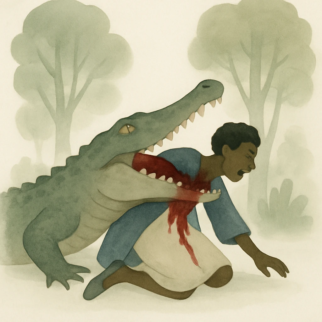 Add a large alligator attacking and eating the black woman in the forest, dramatic and emotional scene, in watercolor art style. emoji