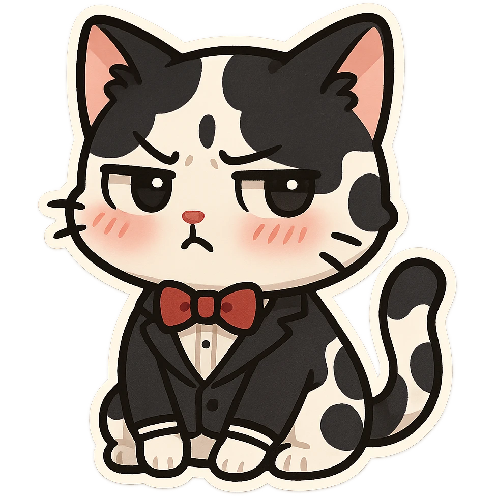 Make a cow cat into a cat in a tuxedo, with black and white fur and a tsundere, cute expression. Keep it in a playful chibi sticker style with no background. emoji