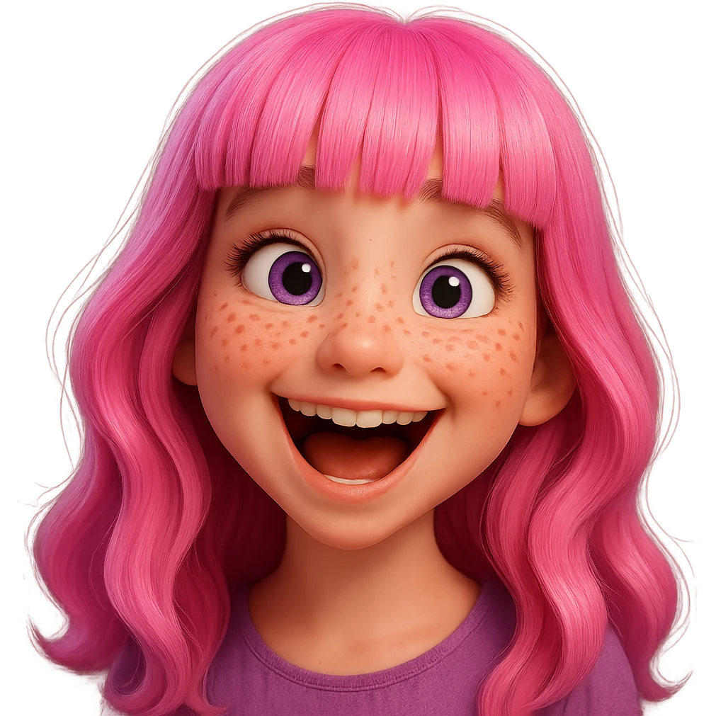 Redraw this character in a 3D Disney style with a joyful laughing expression, keeping the pink hair, purple eyes, and freckles. Reference the original likeness. The style should reflect a vibrant, detailed 3D Disney animation look with expressive features and soft shading. emoji