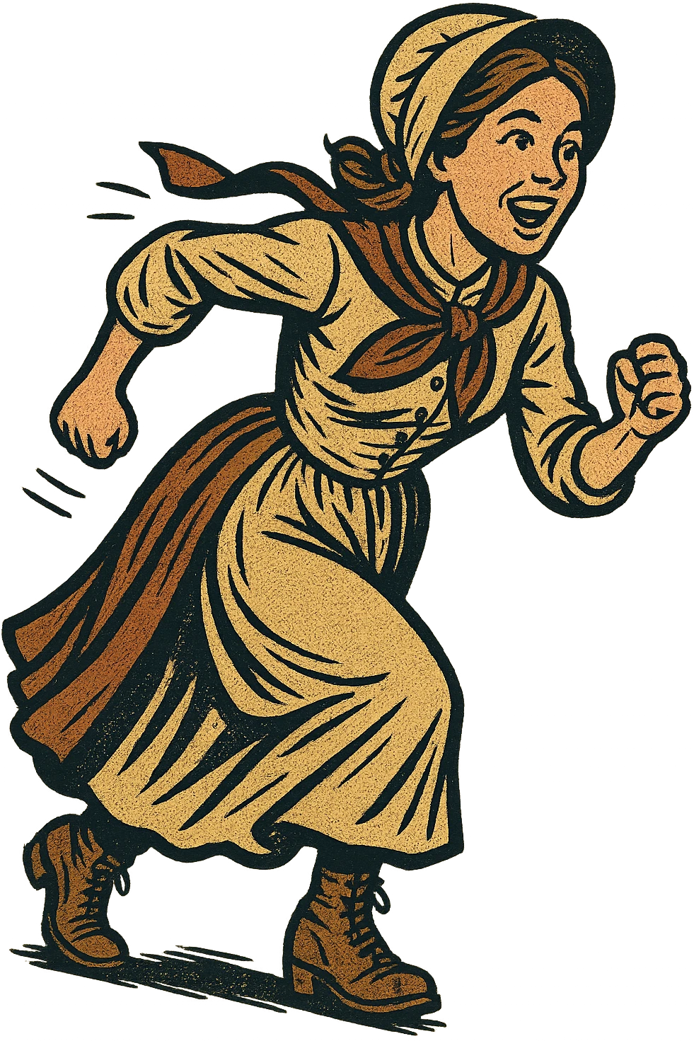 The full body of A female 1860s American settler in the American West looking excited and about to start a race emoji