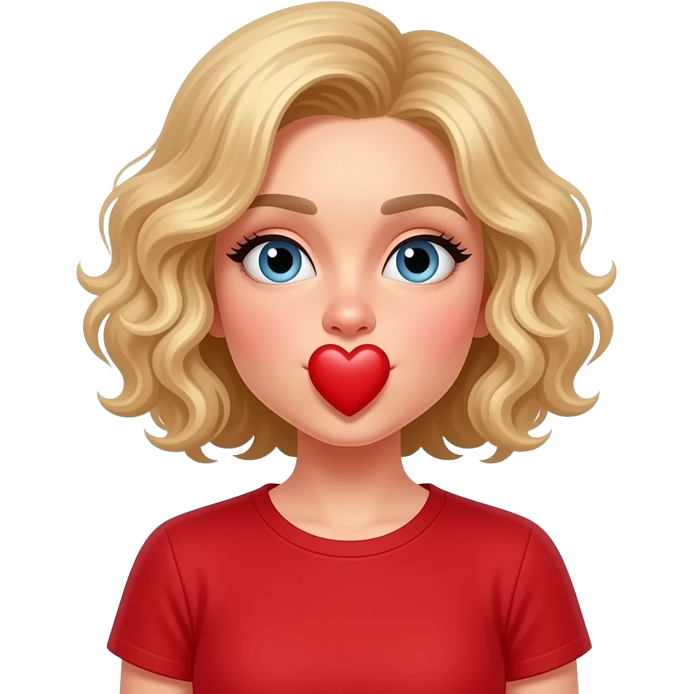 blonde curly bob blowing red heart kisses in red shirt emoji