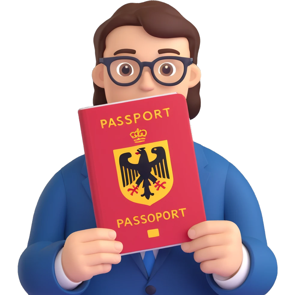confident person with a German passport and integration motifs, modern and official, app icon, 3D style emoji