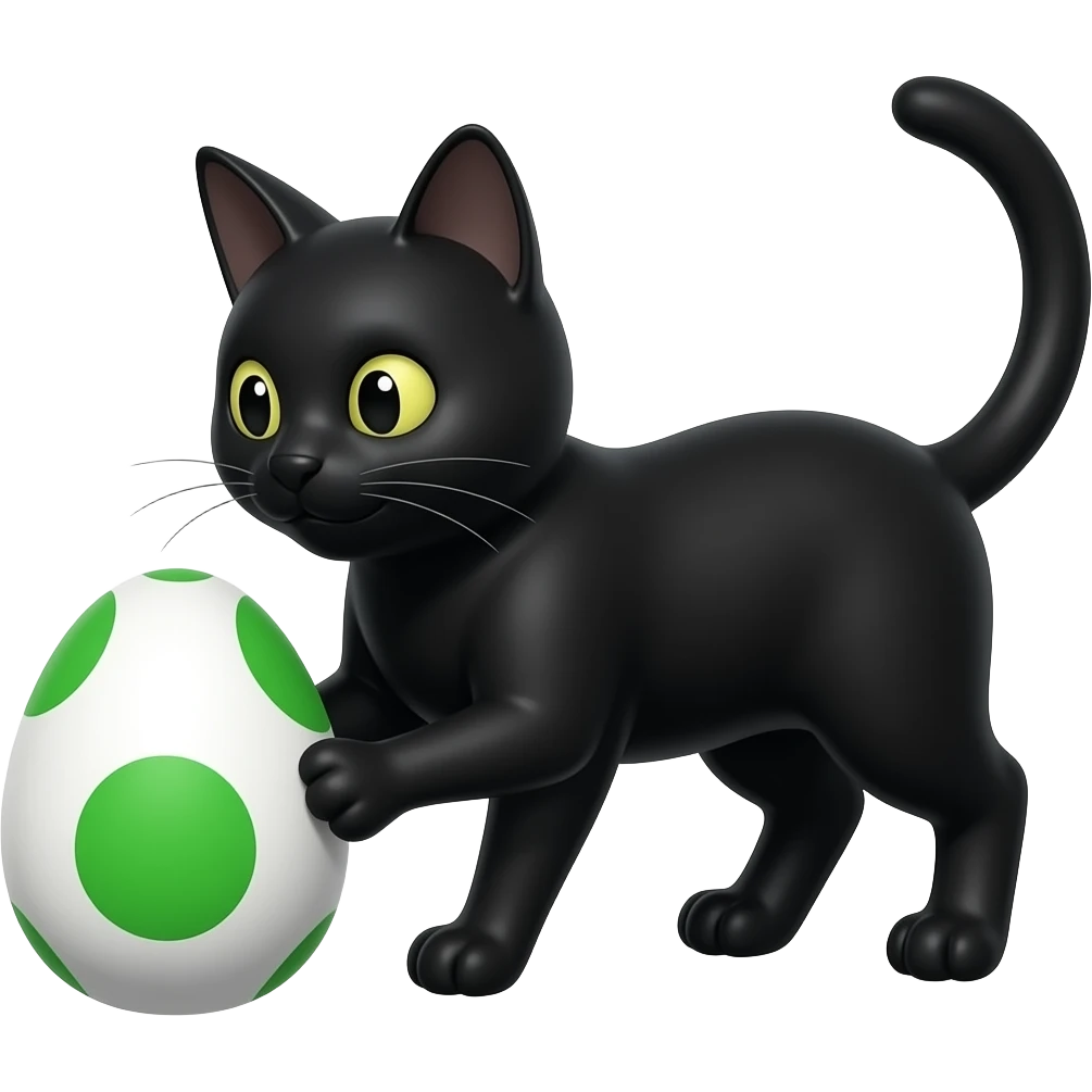 solid black cat playing with a yoshi egg from the super mario emoji