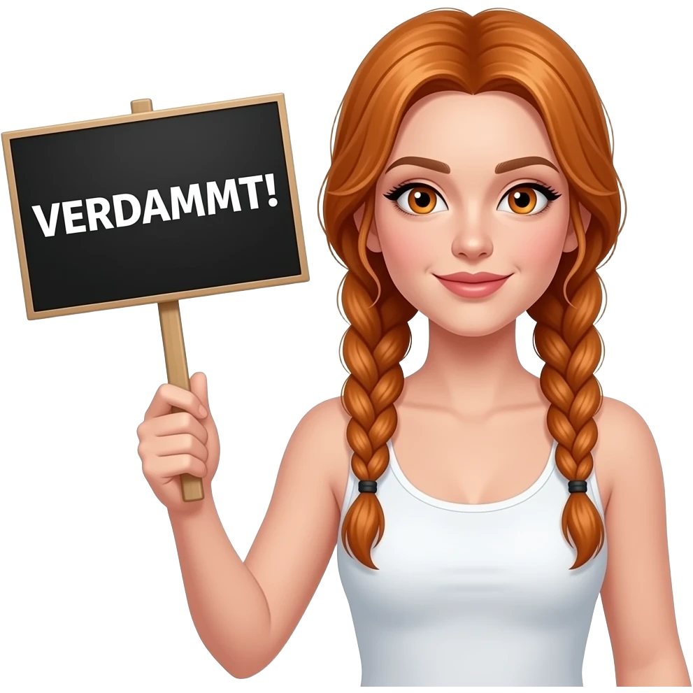 sexy girl with long ginger braids and ginger eyes wearing a white tanktop is holding a black sign with VERDAMMT! written on it emoji