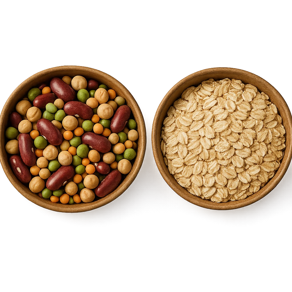 BOWL DI LEGUMI INSIEME A BOWL DI FIOCCHI DI AVENA POGGIATE,  iperrealistico 4k emoji