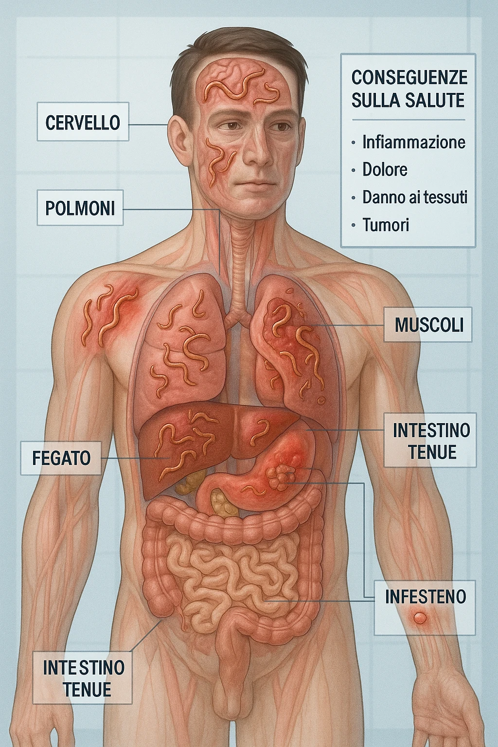 a semi-transparent view of a man’s body reveals numerous parasitic organisms inside his organs and tissues. Some areas are highlighted with red or inflamed zones, and small tumor-like masses are visible where the parasites cluster. The background is clinical and educational, with labels pointing to affected organs and a sidebar showing the health consequences. scritto in italiano emoji
