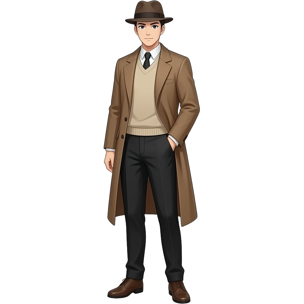 Anime male detective brown dress coat and black dress pants and beige dress sweater very tall full body emoji