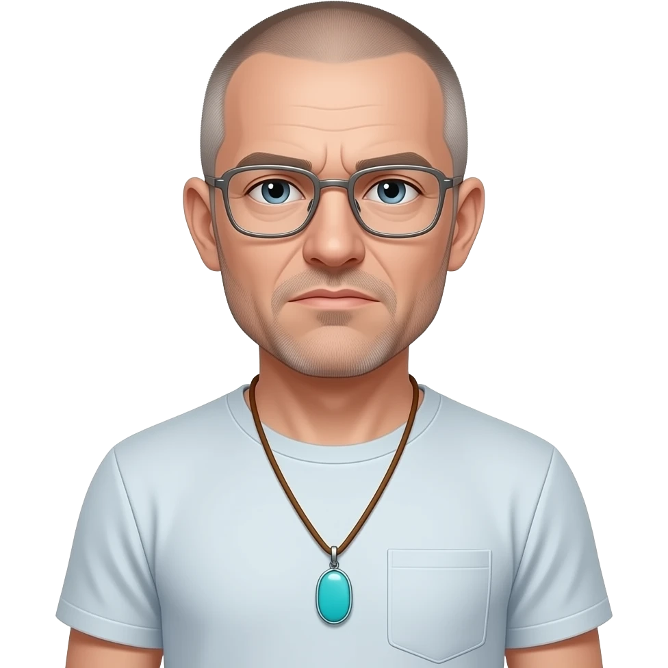 pointed chin indifferent pointed chin haved face pendant Turquoise on brown paracord t shirt shaved grey short hair full-length photo of extreme streetwear clean-shaven face cool boy thin metal-framed glasses ery entellectual man, 54 years old, street wear stubble, shaved short with clippers emoji