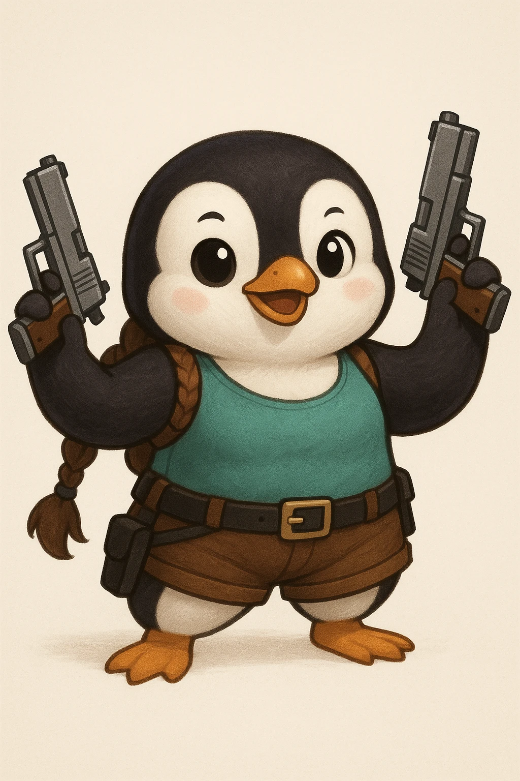 a penguin cosplaying as Lara Croft, with a teal tank top, brown shorts, and toy pistols emoji