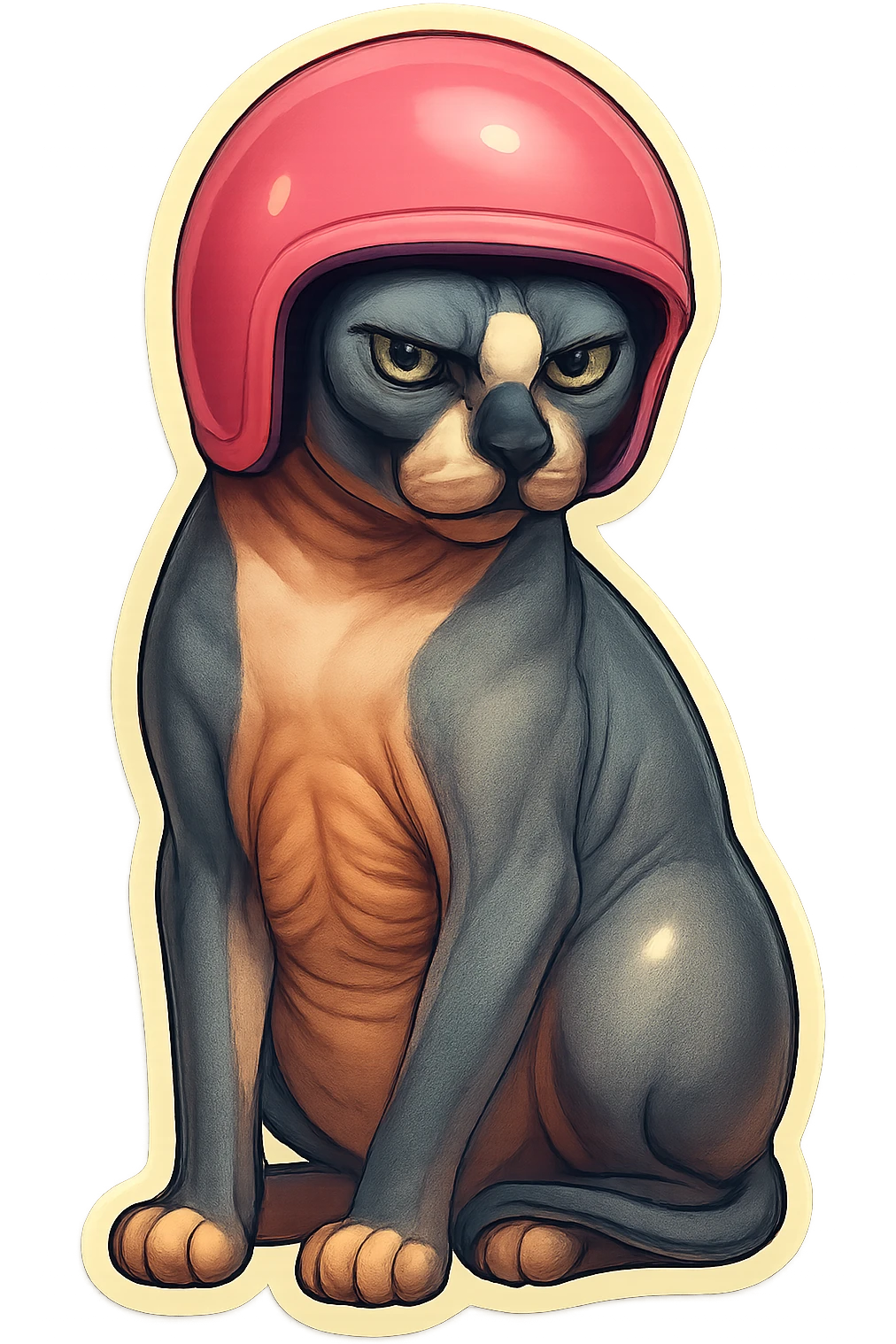 Canadian Sphynx cat with coloring as in the photo, sticker style, with a pink helmet emoji