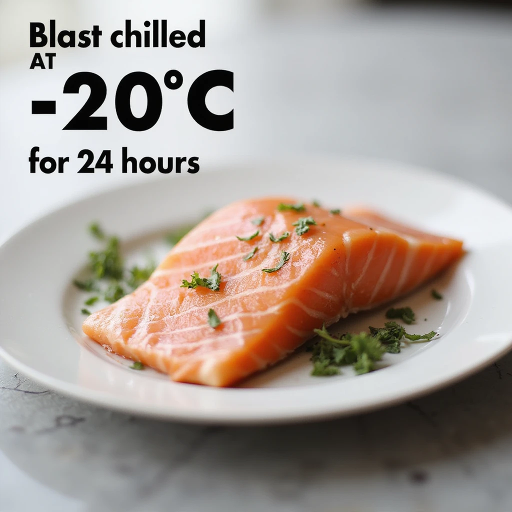 realistic 4K infographic style image of raw salmon on a plate with an icon or label indicating 'blast chilled at -20°C for 24 hours' emoji