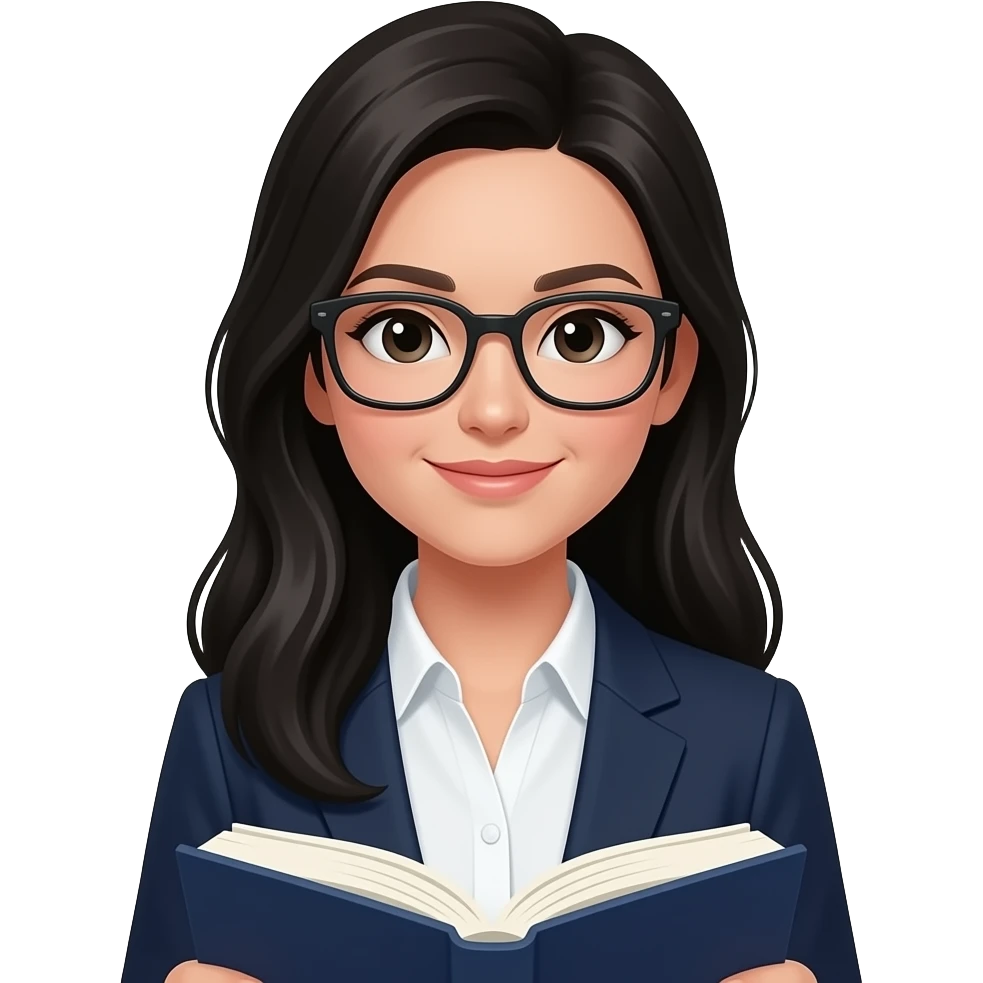 femme, cheveux longs noirs à lunette, tenue blouse blazer qui étudie emoji