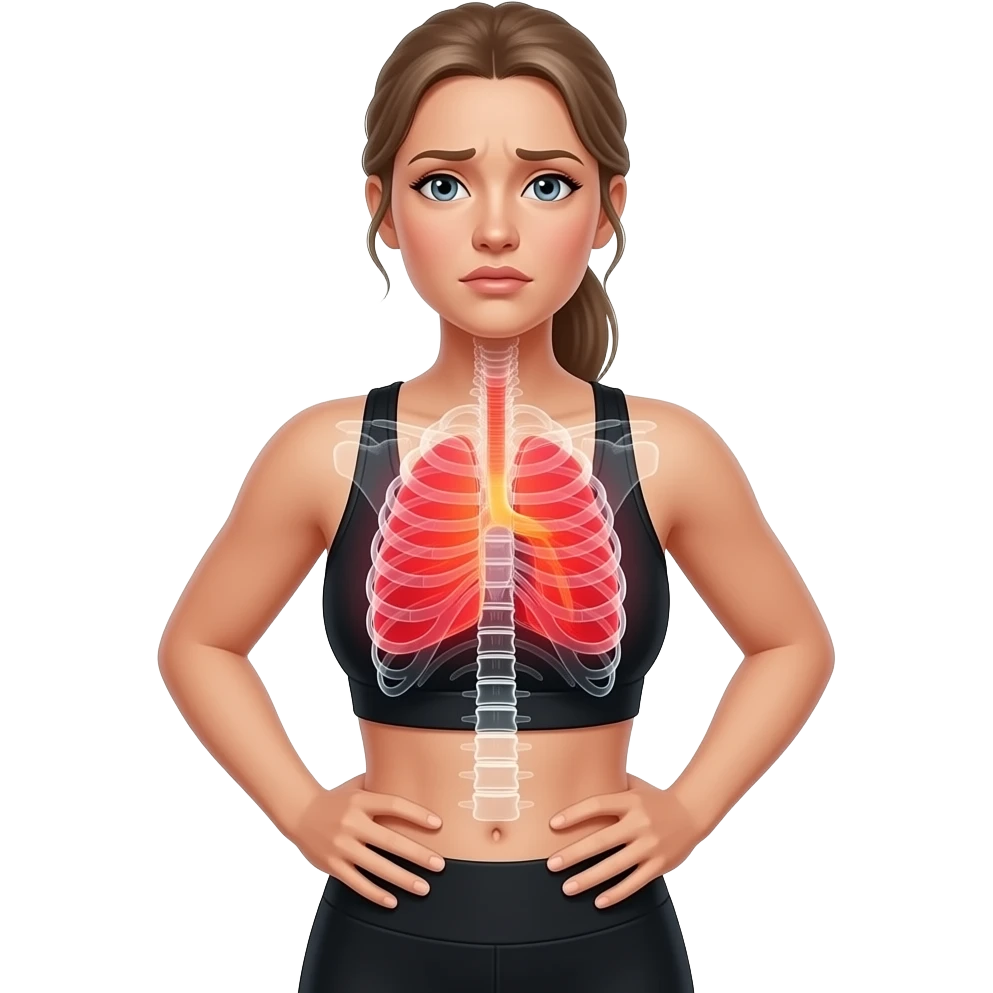 breathing discomfort, full red glow covering chest, ribs, and lung area, woman with hands on ribs, fair-skinned woman, gray-blue eyes, ash brown brows, ash light brown hair tied back, slim athletic body, black workout set emoji