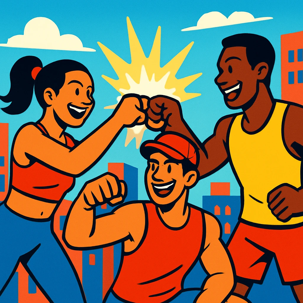 Three athletic friends, mid-fist bump, glowing energy effects, urban cartoon style, bold and vibrant color palette, energetic fitness mood. emoji