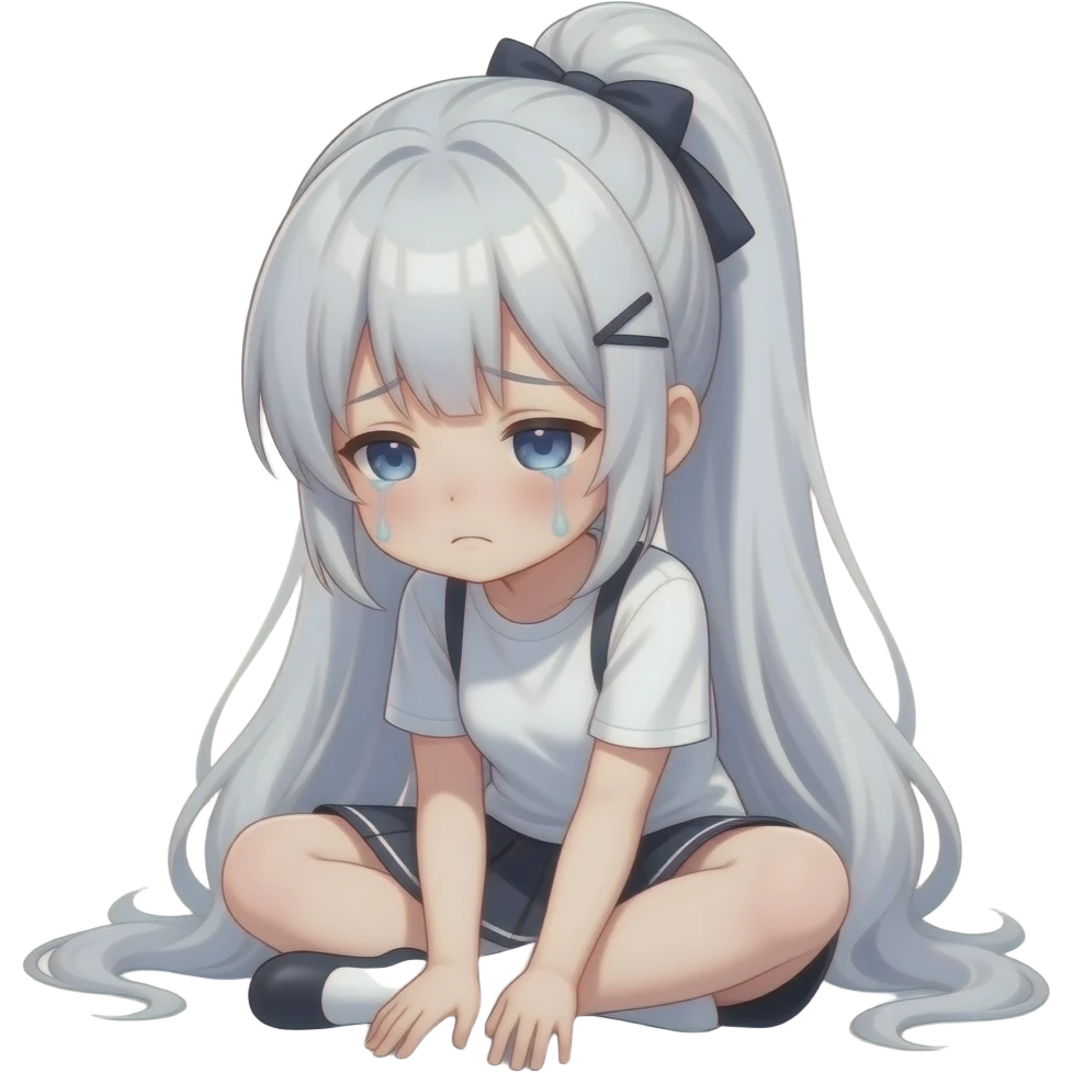 Una personaje anime de cabello blanco amargado en una cola alta que esté triste en sentada en el suelo con los ojos hinchados de tanto llorar emoji