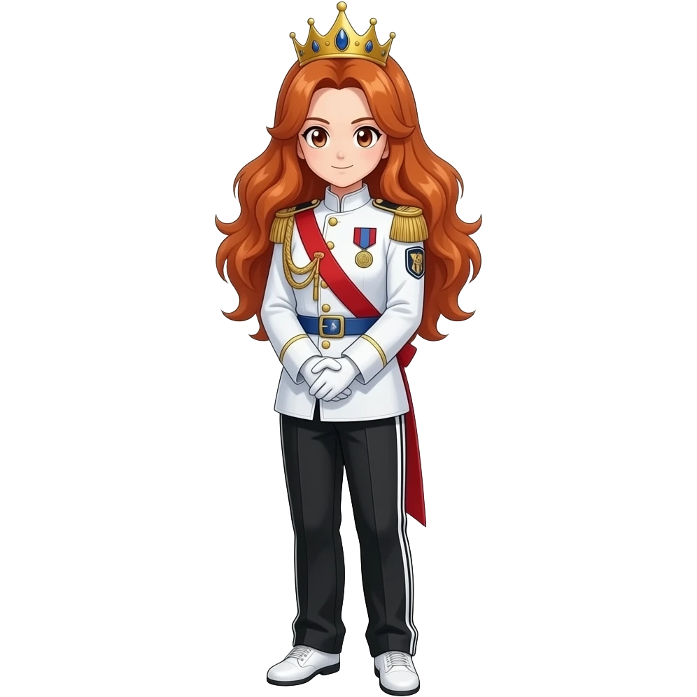 brown bushy auburn haired female android 21 from dragon ball super are wear gold tiara white military tunic arm badge shoulder cord medal red sash blue belt black trouser with two side stripes white shoes to meets with both hand joining emoji