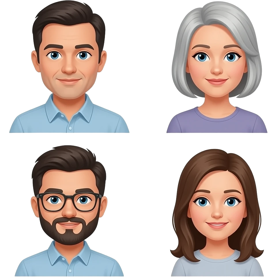Papa con entradas de calvicie pelo oscuro, Mama delgada con algunas canas, hijo con barba y lentes, hija hermosa emoji