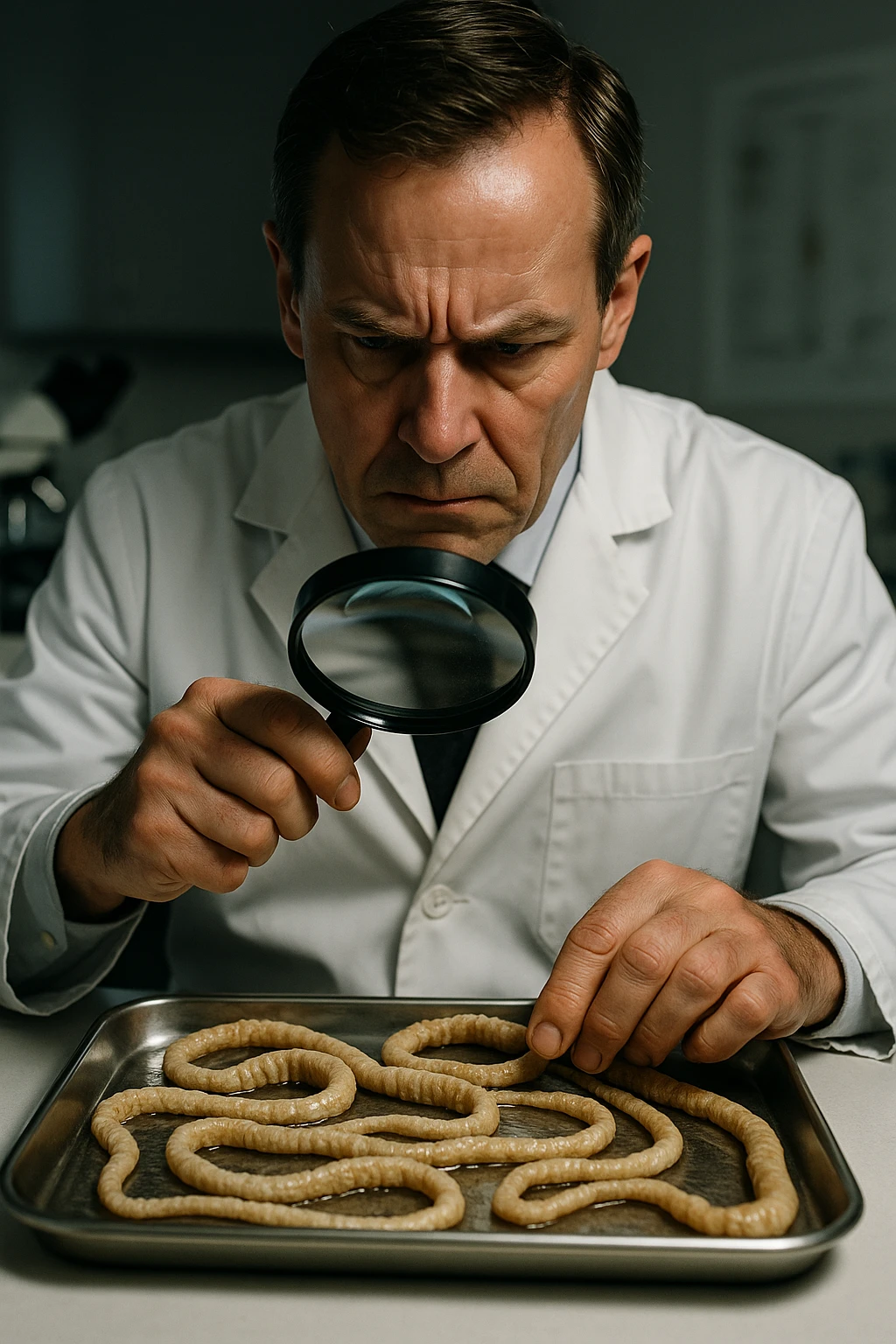 A middle-aged male kinesiologist wearing a pristine white lab coat, intensely analyzing long, beige tapeworms (like Taenia) under a magnifying glass. His expression is focused and slightly concerned, with dramatic studio lighting casting sharp shadows. The parasites are highly detailed, moist, and textured, stretched across a sterile metal tray. The background is blurred but suggests a clinical environment—hints of a microscope, medical charts, and clean lab equipment. The style is hyper-realistic, with a cinematic contrast between the bright white coat and the grotesque, organic forms of the parasites. No sci-fi elements, just raw medical realism with a disturbing edge emoji