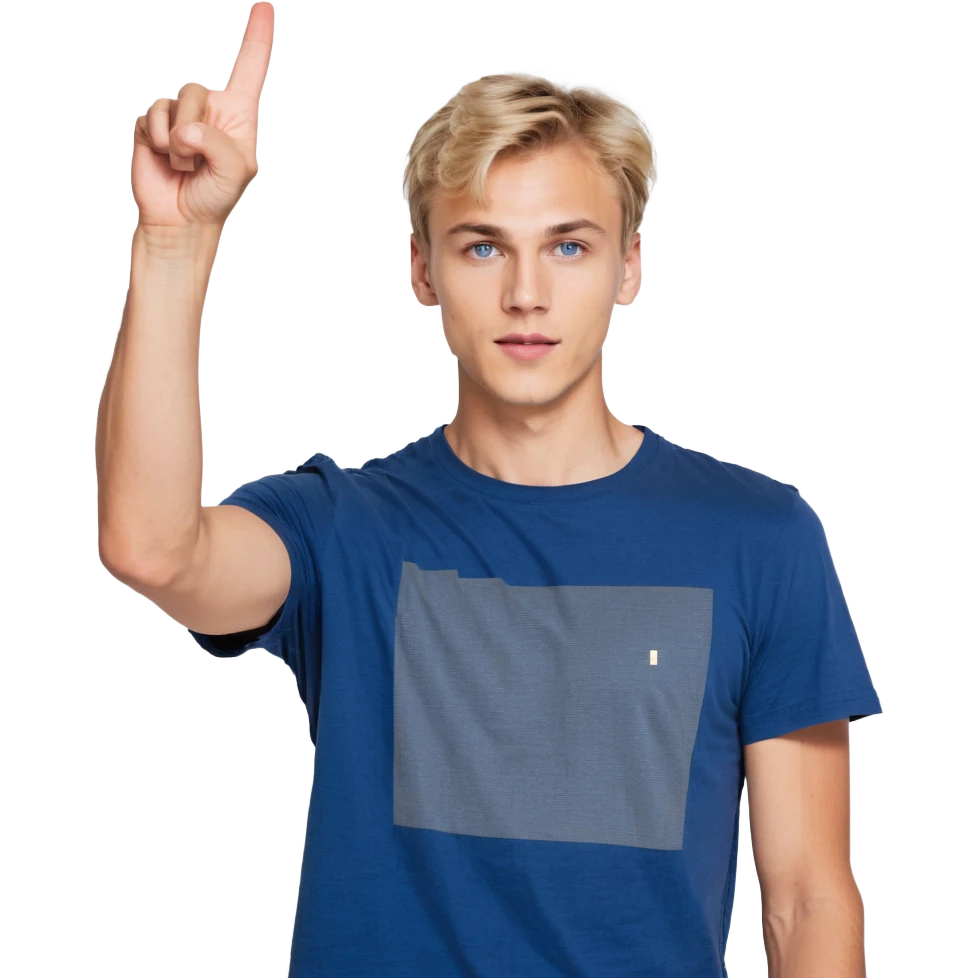 Flat pixel art, confident male leader, Caucasian, short neat blonde hair, sharp eyes, indigo T-shirt, one arm raised gicing direction, waist-up, front-facing emoji