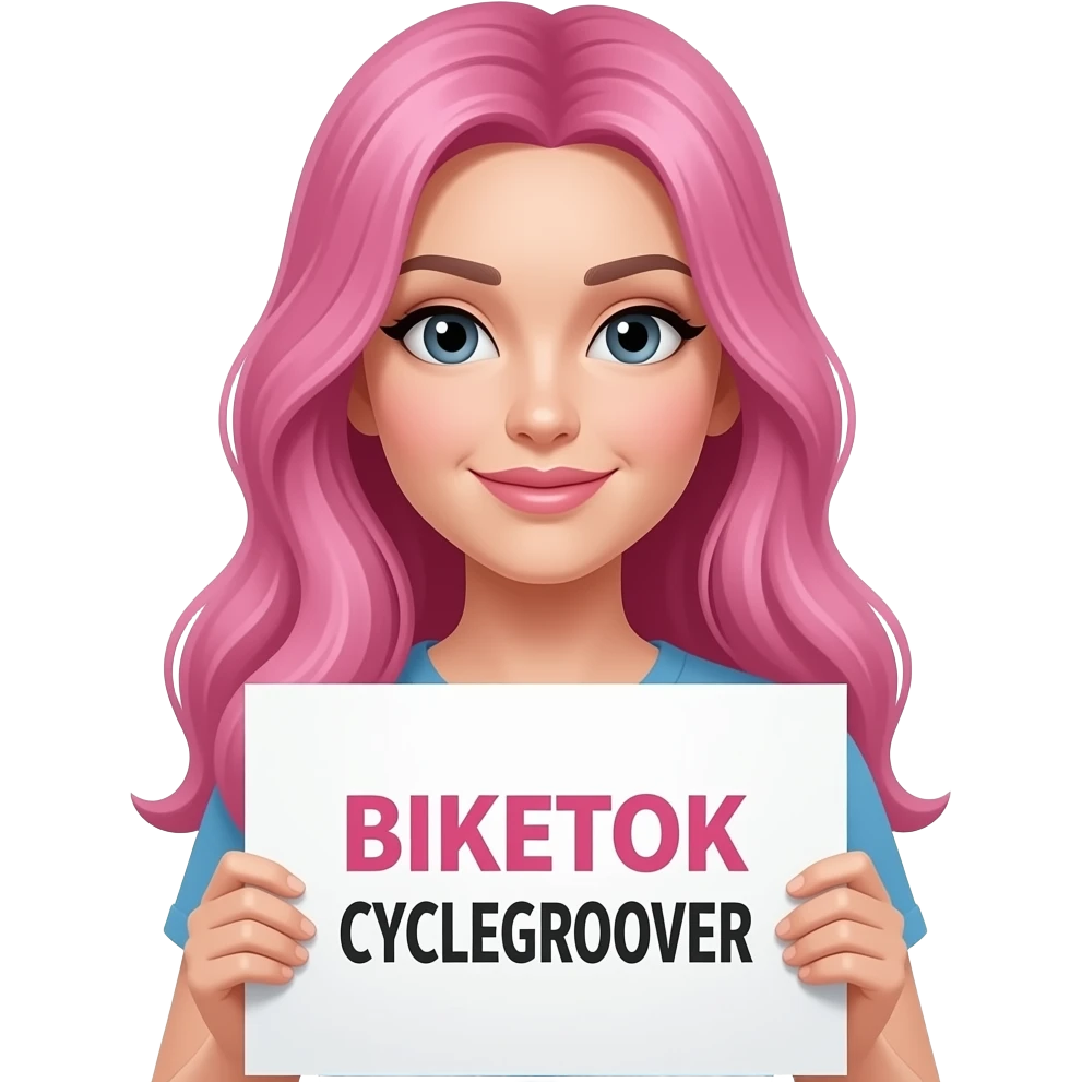 sexy girl with long pink hair holding a BIKETOK CYCLEGROOVER sign emoji