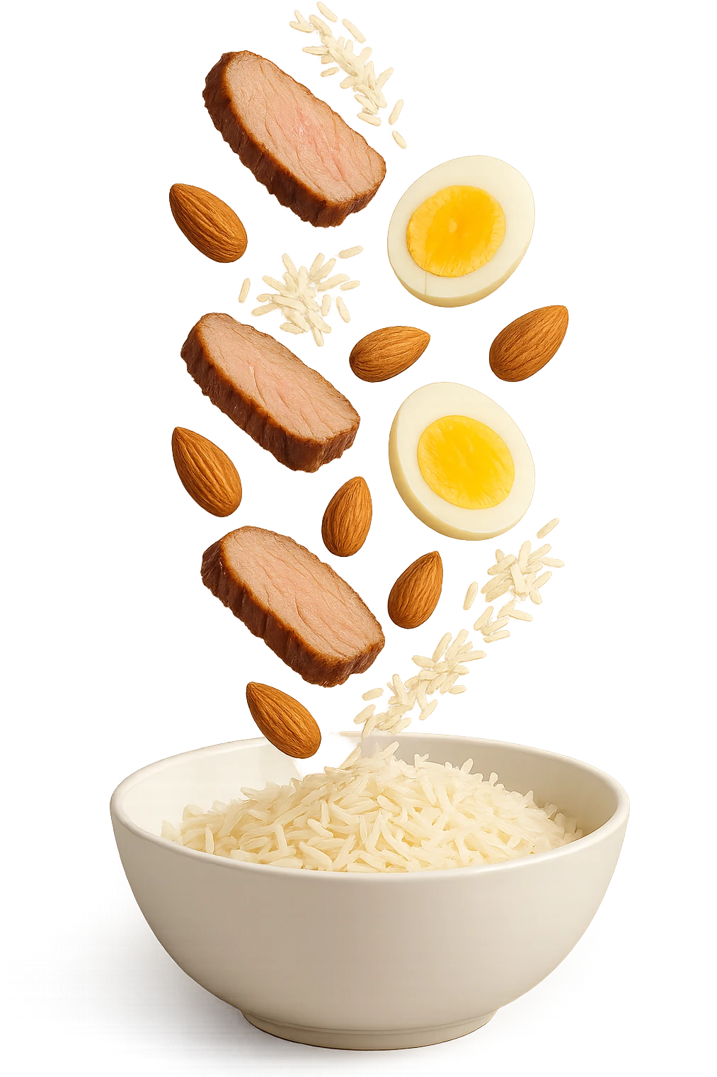 bowl bianca in cui cadono verticalmente fettine di carne, uova sode, mandorle e riso basmati emoji